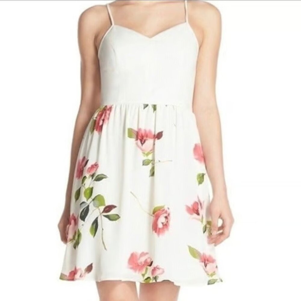 ALI & JAY White Fit Flare Dress with Chiffon, Pink Hibiscus Floral Print Botton